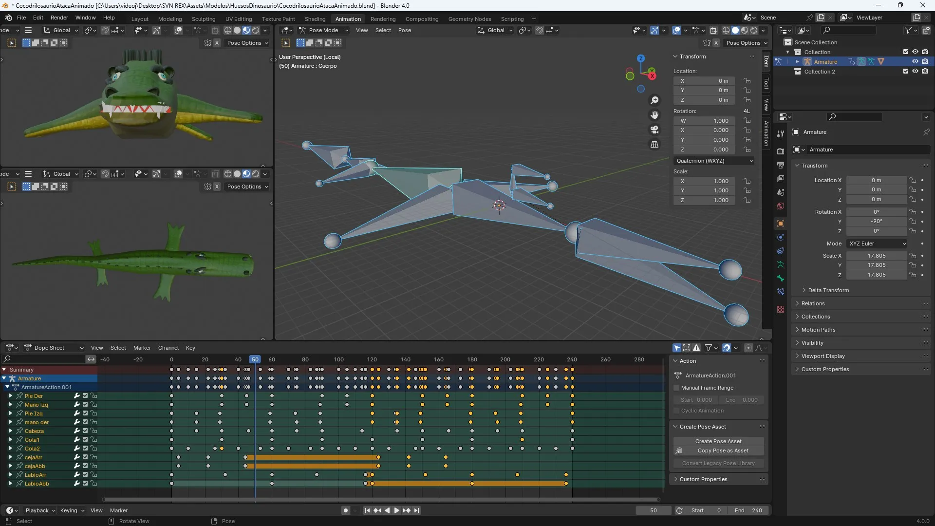 Animación del cocodrilo: rig facial completo con keyframes en cabeza, mandíbula, cejas y cola