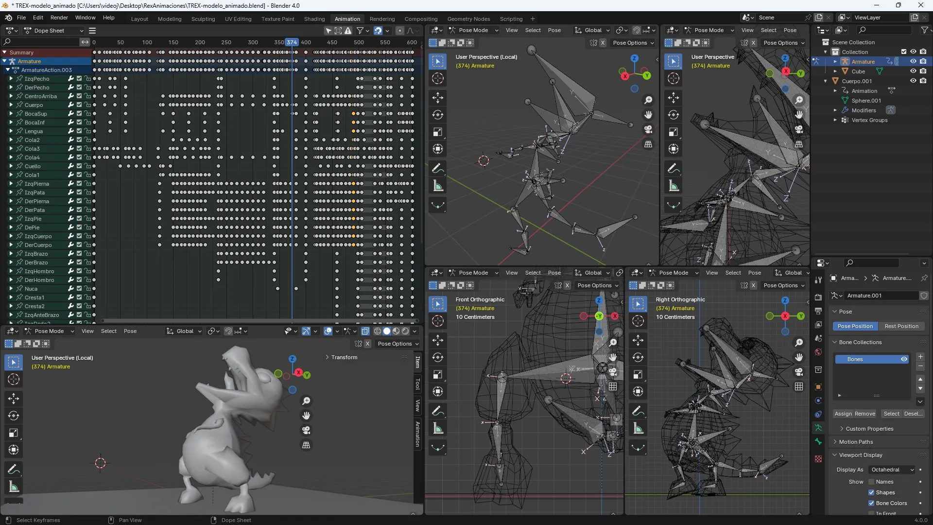 Animación de Rexy: armature de 25 huesos con keyframes manuales en Blender