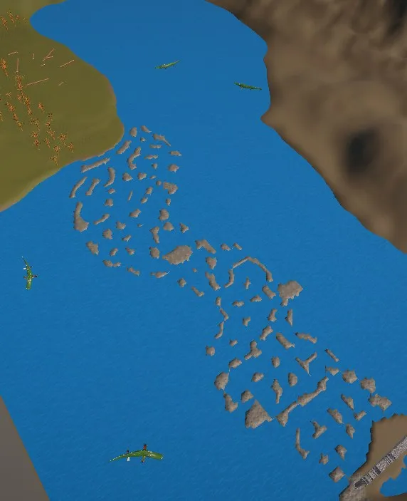 Zona 1: piedras sobre el agua. Vista cenital del nivel con cocodrilos patrullando